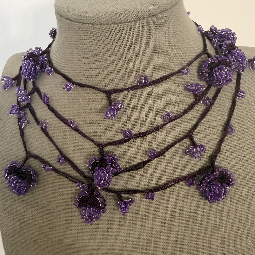 Collectable Traditional Turkish Boncuk  Oya Violet Floral Beaded Necklace